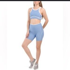 WILO THE LABEL  ANTHRO Piper Bra And Shorts Blue Ribbed Workout Set Size Small